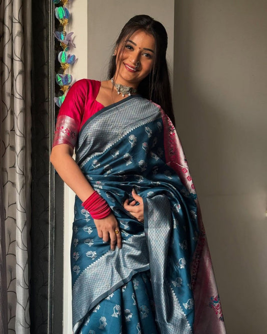 Felicitous Navy Blue Soft Silk Saree With Pretty Blouse Piece