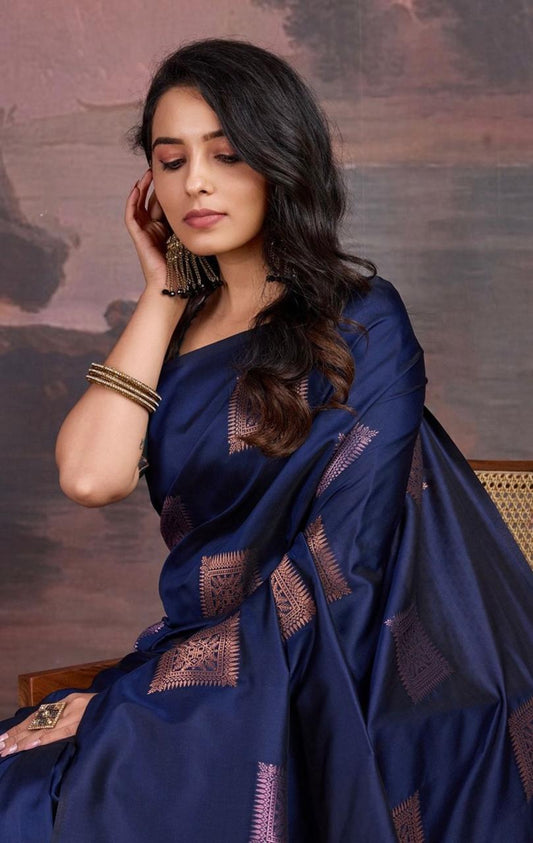 Beautiful Navy Blue Soft Silk Saree With Hypnotic Blouse Piece