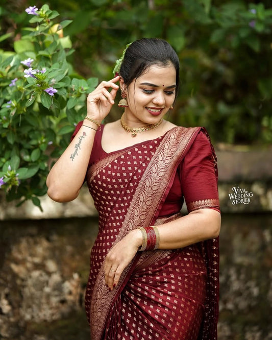 Stylish Red Soft Silk Saree With Blooming Blouse Piece