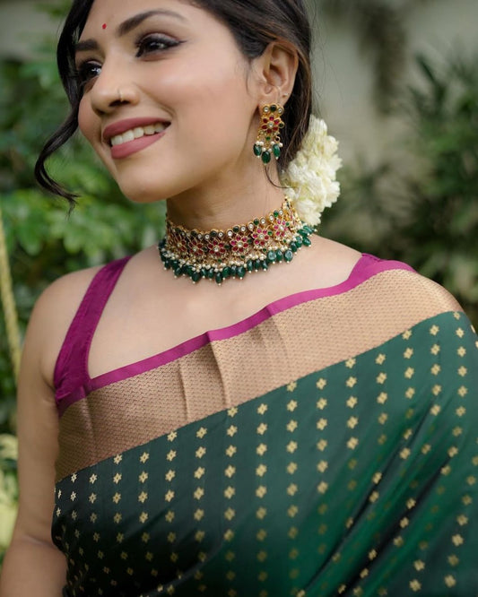 Imbrication Dark Green Soft Silk Saree With Desirable Blouse Piece
