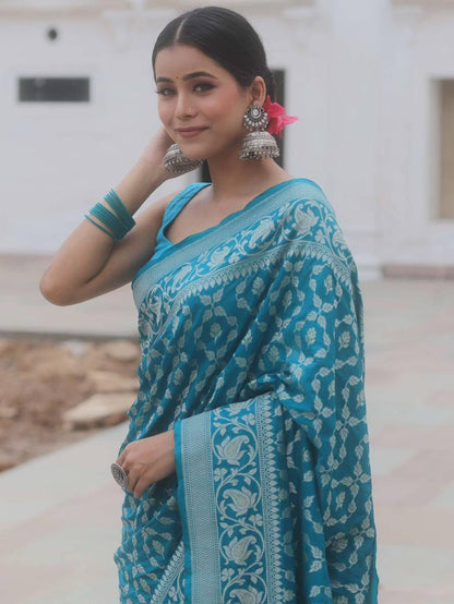Evocative Blue Soft Silk Saree With Demure Blouse Piece