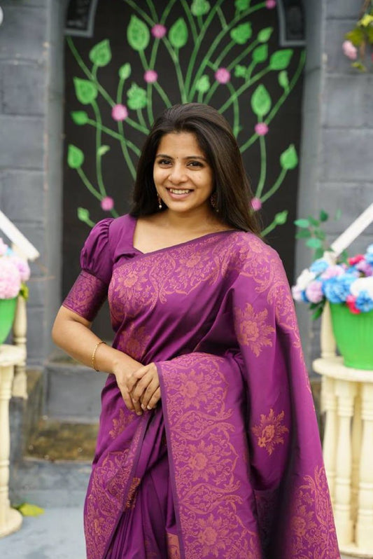 Luxuriant Purple Soft Silk Saree With Snappy Blouse Piece