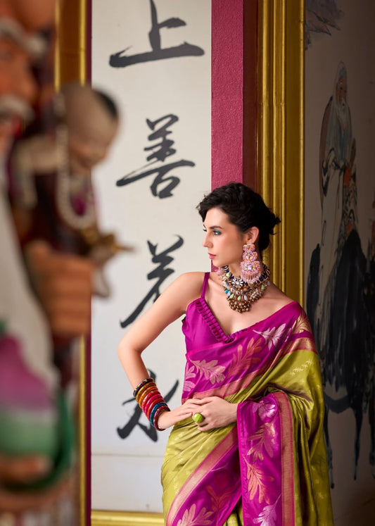 Inspiring Pink and Yellow Digital Printed Satin Silk Saree With Fairytale Blouse Piece