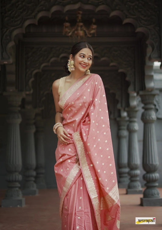 Gleaming Peach Soft Banarasi Silk Saree With Energetic Blouse Piece