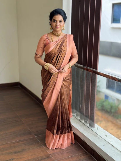 Amazing Brown Soft Silk Saree With Captivating Blouse Piece