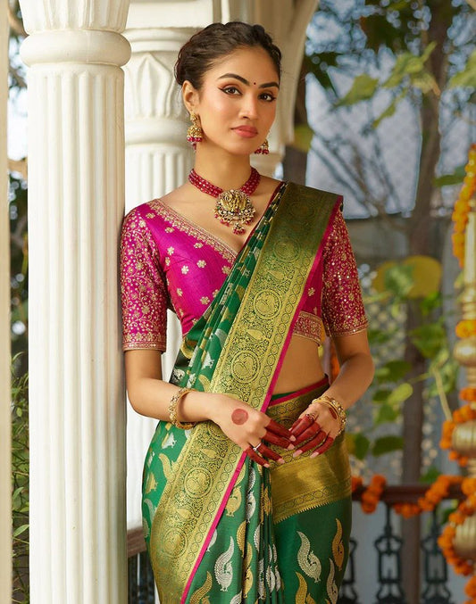 Prettiest Green And Pink Pure Viscose Chiffon Silk Saree With Twirling Blouse Piece