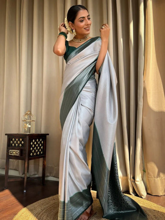 Gratifying Grey Banarasi Silk Saree With Classic Blouse Piece