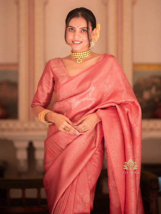Gleaming Peach Soft Banarasi Silk Saree With Energetic Blouse Piece