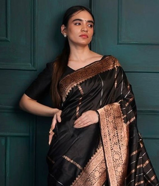 Blooming Black Soft Silk Saree With Impressive Blouse Piece