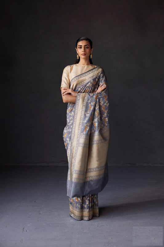 Gratifying Grey Banarasi Silk Saree With Classic Blouse Piece