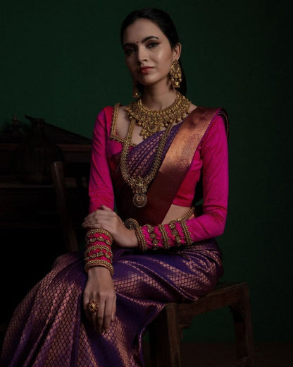 Delightful Purple Soft Banarasi Silk Saree With Classic Blouse Piece