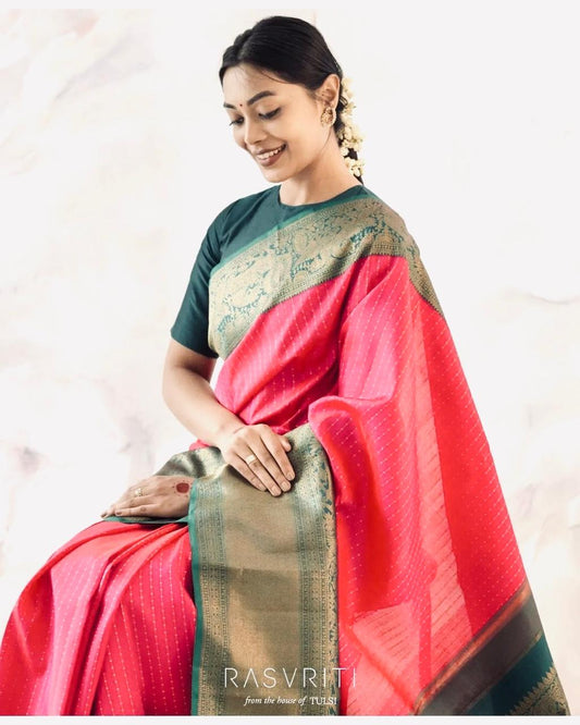 Prettiest Green And Pink Pure Viscose Chiffon Silk Saree With Twirling Blouse Piece