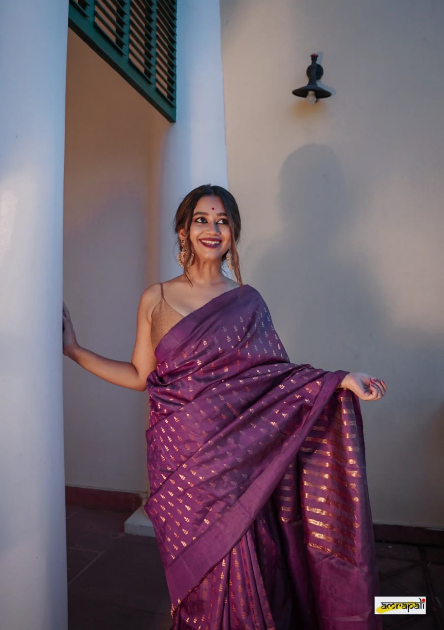 Beautiful Wine Banarasi Satin Silk Saree With Desiring Blouse