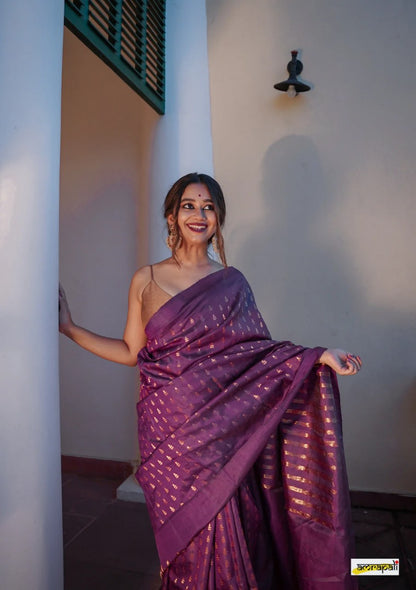 Beautiful Wine Banarasi Satin Silk Saree With Desiring Blouse