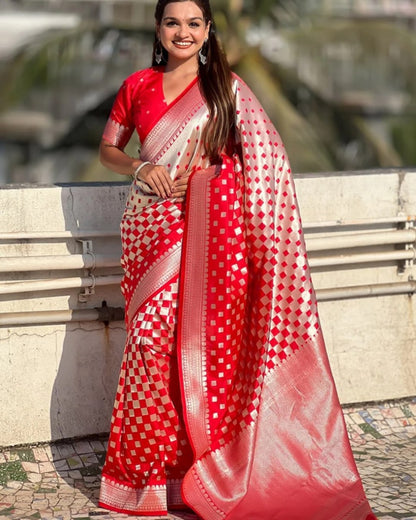 Beleaguer Red Paithani Silk Saree With Ratatouille Blouse Piece