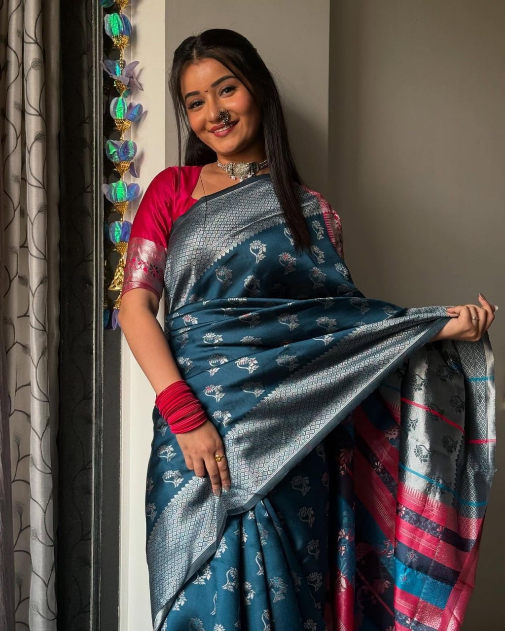 Felicitous Navy Blue Soft Silk Saree With Pretty Blouse Piece