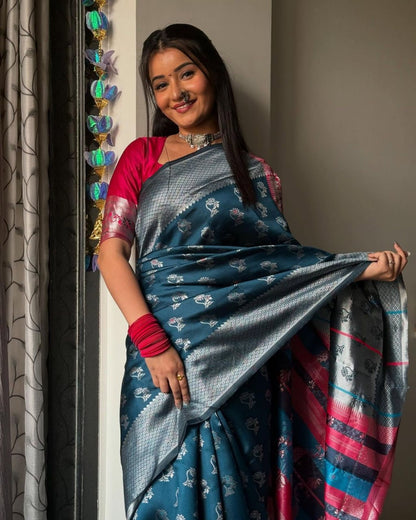 Felicitous Navy Blue Soft Silk Saree With Pretty Blouse Piece