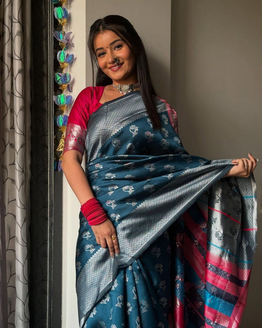 Felicitous Navy Blue Soft Silk Saree With Pretty Blouse Piece