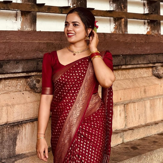 Stylish Red Soft Silk Saree With Blooming Blouse Piece