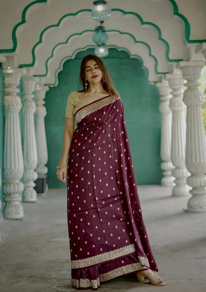 Lissome Wine Soft Silk Saree With Desultory Blouse Piece
