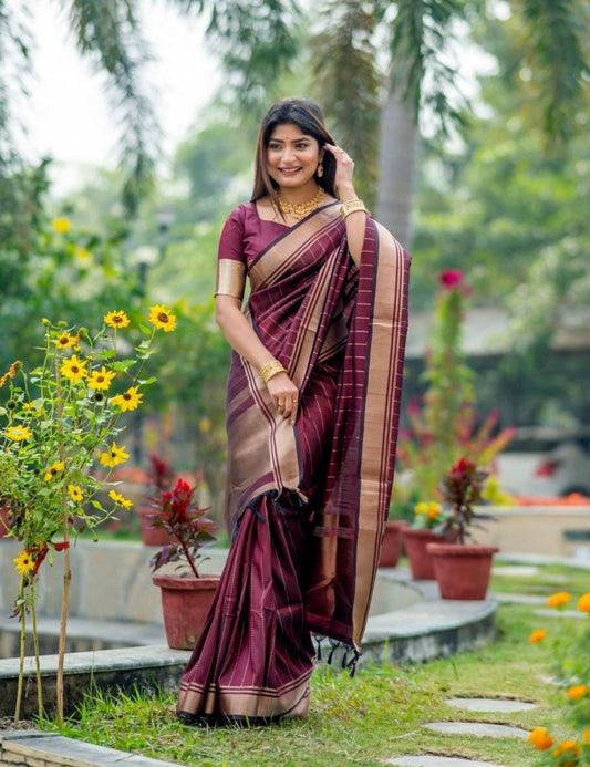 Gossamer Maroon Soft Silk Saree With Mellifluous Blouse Piece