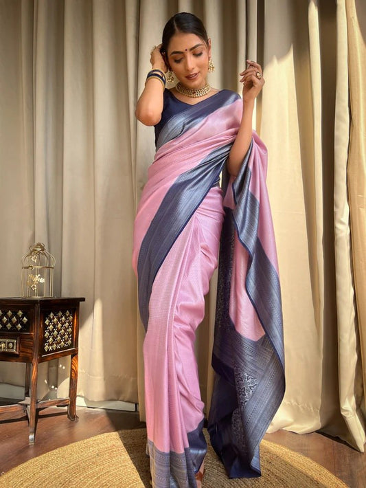 Nectarous Pink and Grey Cotton Silk Saree With Devastating Blouse Piece