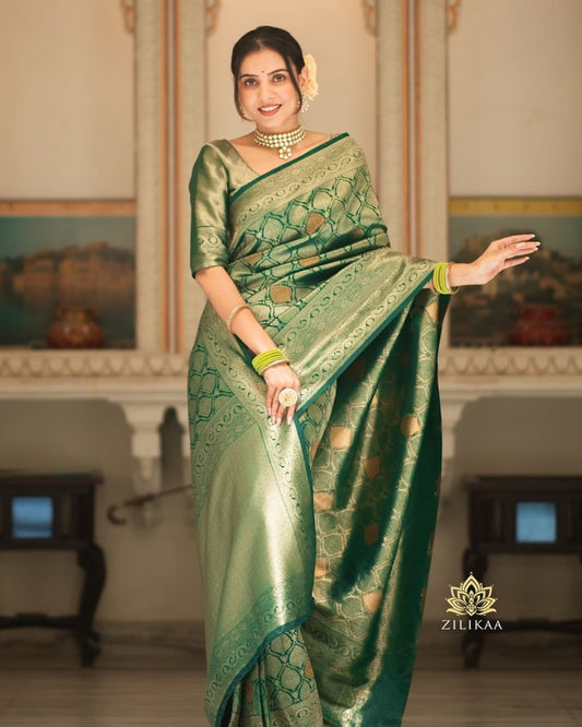 Surpassing Dark Green Soft Silk Saree With Dazzling Blouse Piece