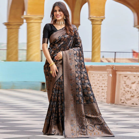 Beauteous Black Soft Silk Saree With Twirling Blouse Piece