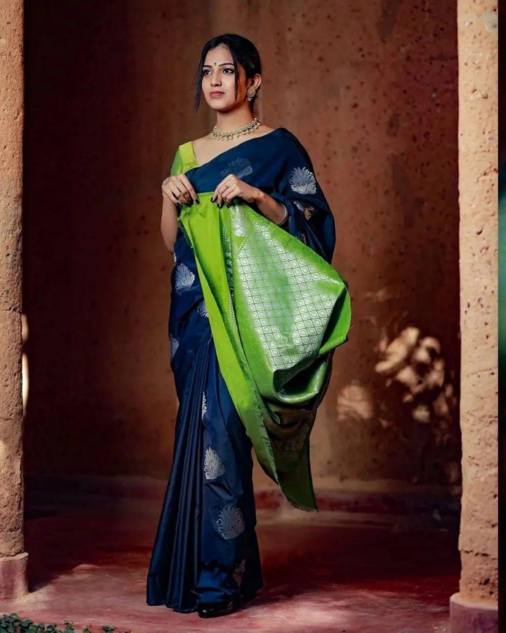 Conflate Green and Blue Digital Printed Crape Silk Saree With Groovy Blouse Piece
