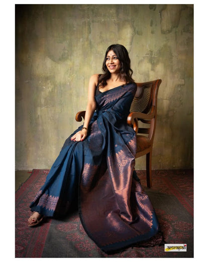 Felicitous Navy Blue Soft Silk Saree With Pretty Blouse Piece