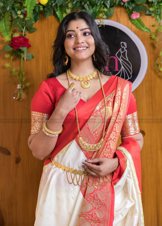Incomparable White and Orange Orgenza Silk Saree With Fragrant Blouse Piece