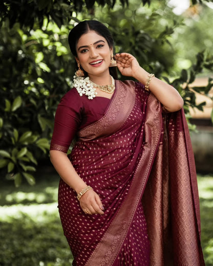 Hypnotic Maroon Soft Silk Saree With Scrupulous Blouse Piece