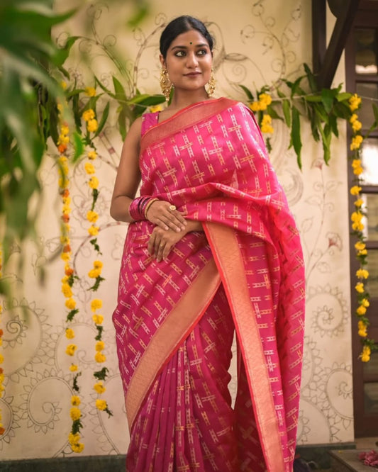 Ratatouille Pink Kanjivaram Silk With Demure Blouse Piece