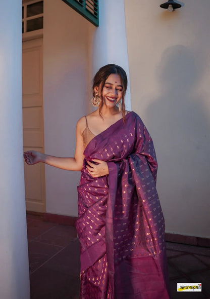 Beautiful Wine Banarasi Satin Silk Saree With Desiring Blouse