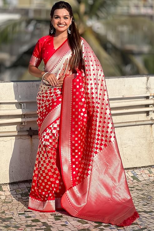 Beleaguer Red Paithani Silk Saree With Ratatouille Blouse Piece
