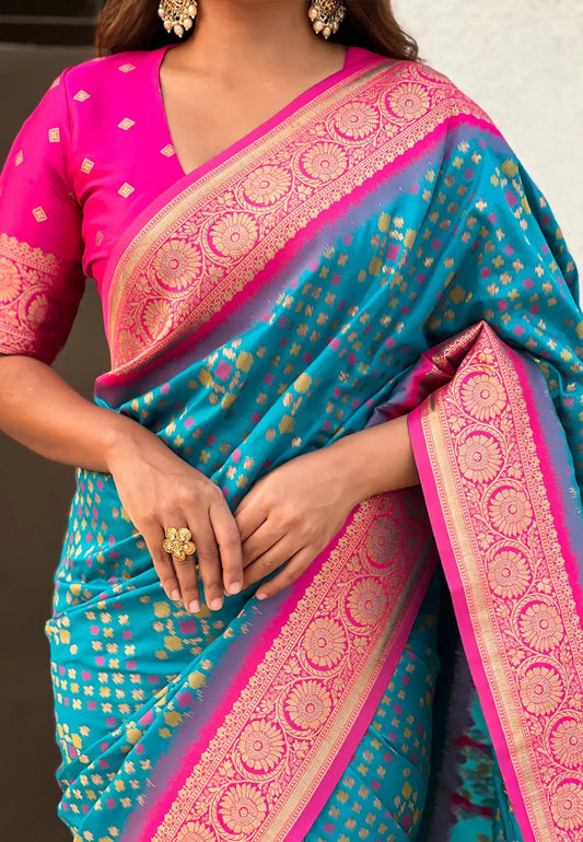 Excellent Teal Blue Soft Banarasi Silk Saree With Lissome Blouse Piece