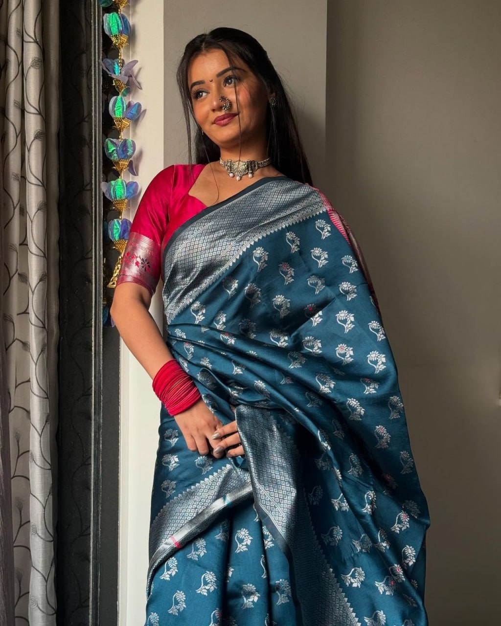 Felicitous Navy Blue Soft Silk Saree With Pretty Blouse Piece