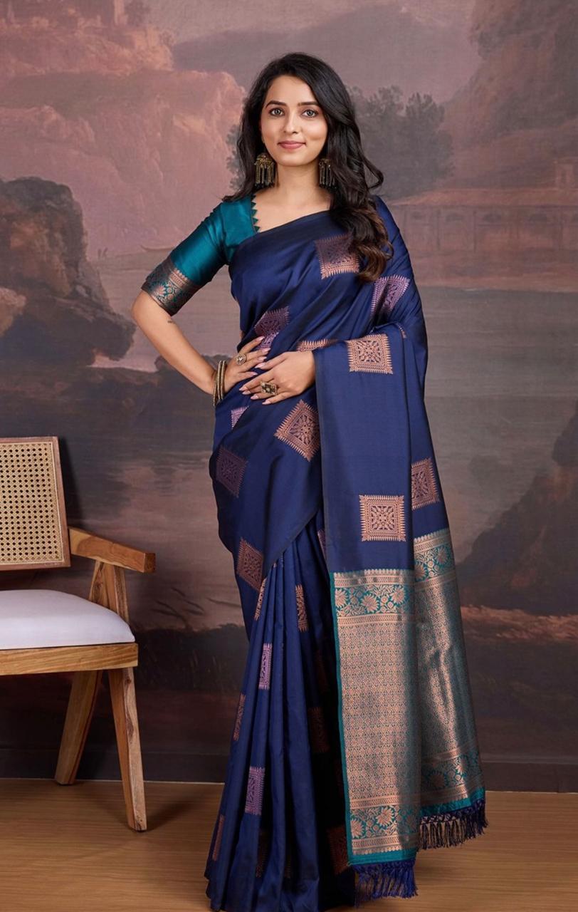 Beautiful Navy Blue Soft Silk Saree With Hypnotic Blouse Piece