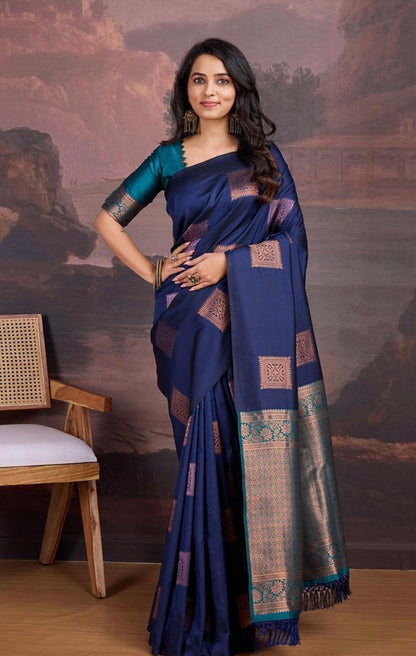 Beautiful Navy Blue Soft Silk Saree With Hypnotic Blouse Piece