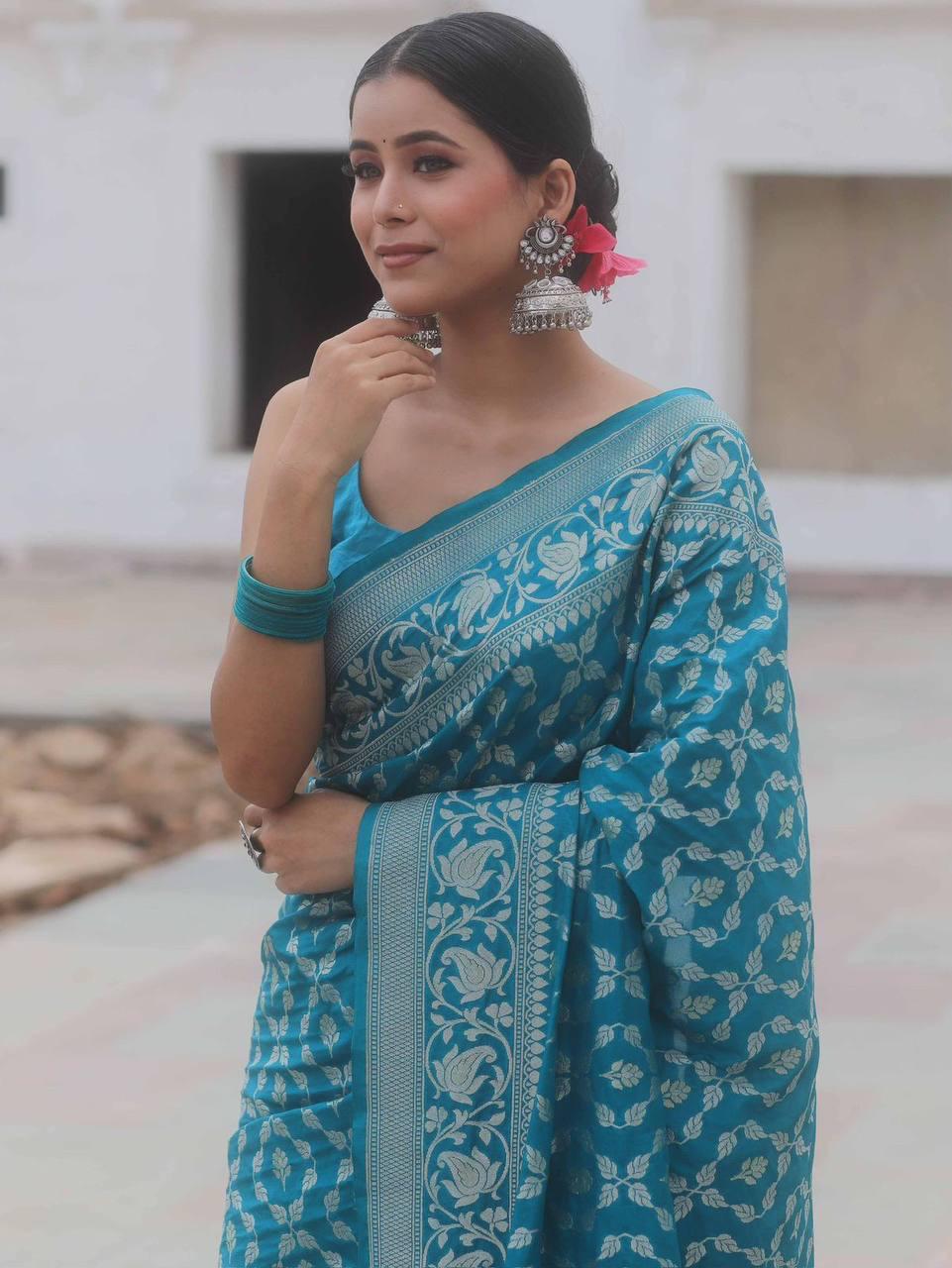 Evocative Blue Soft Silk Saree With Demure Blouse Piece