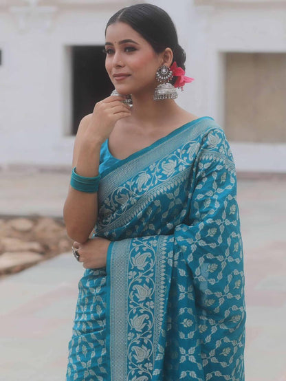 Evocative Blue Soft Silk Saree With Demure Blouse Piece