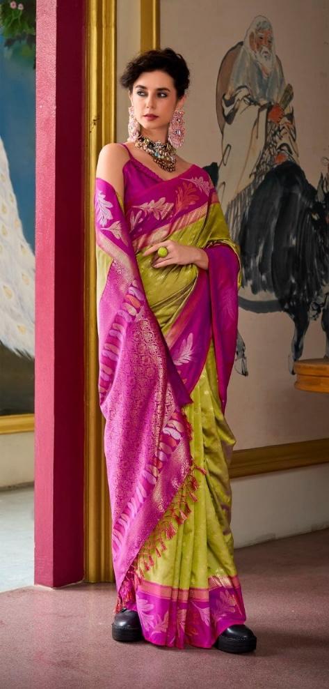 Inspiring Pink and Yellow Digital Printed Satin Silk Saree With Fairytale Blouse Piece