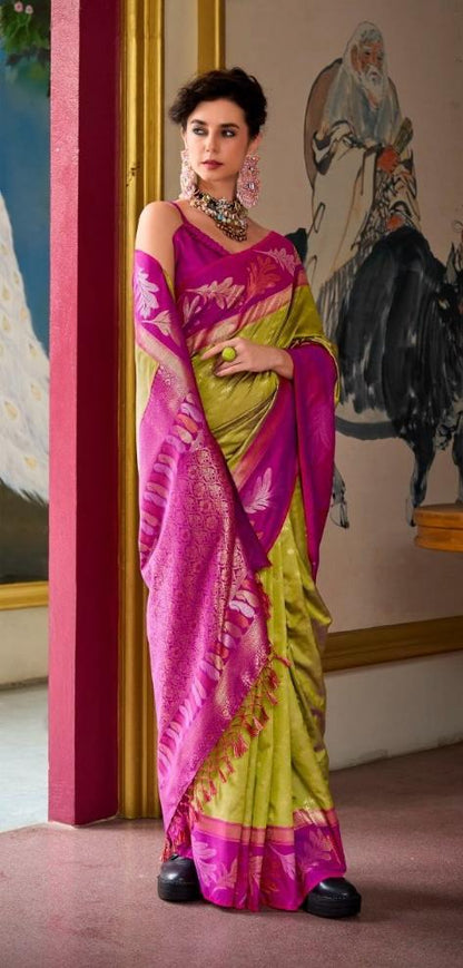 Inspiring Pink and Yellow Digital Printed Satin Silk Saree With Fairytale Blouse Piece