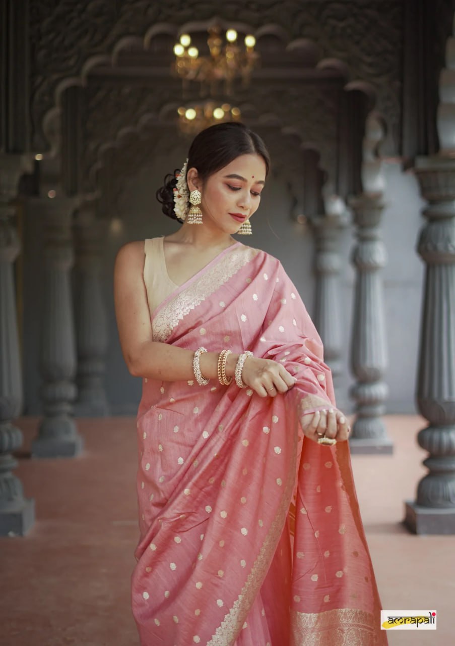 Gleaming Peach Soft Banarasi Silk Saree With Energetic Blouse Piece