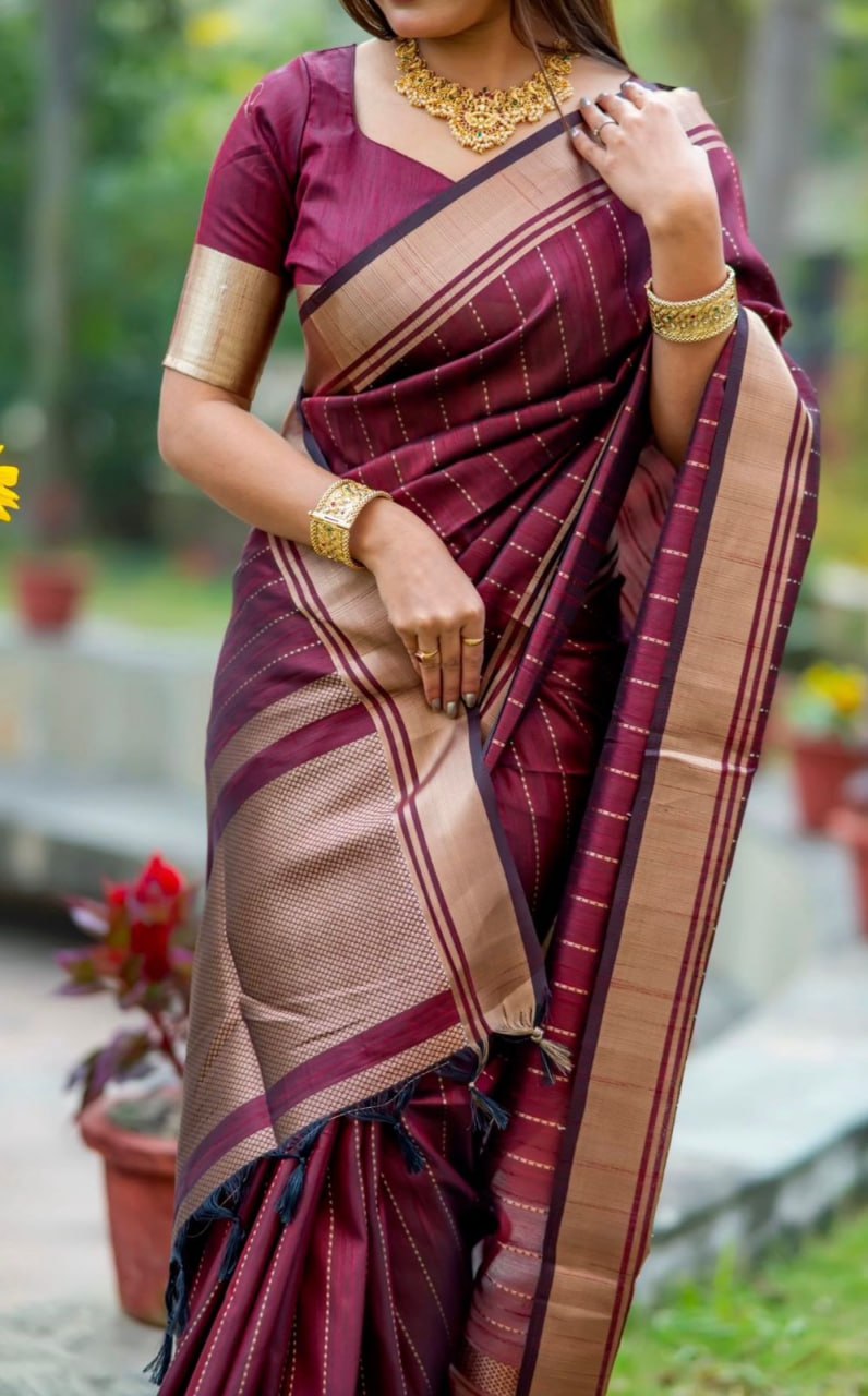 Gossamer Maroon Soft Silk Saree With Mellifluous Blouse Piece
