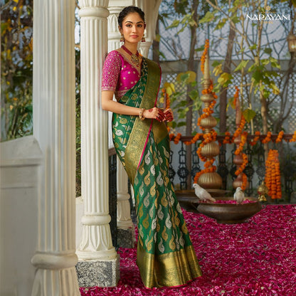 Prettiest Green And Pink Pure Viscose Chiffon Silk Saree With Twirling Blouse Piece