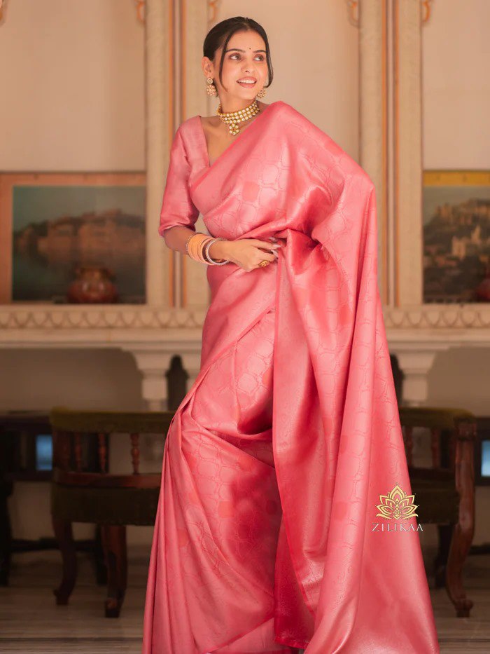 Gleaming Peach Soft Banarasi Silk Saree With Energetic Blouse Piece