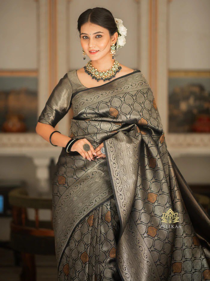 Blooming Black Soft Silk Saree With Impressive Blouse Piece