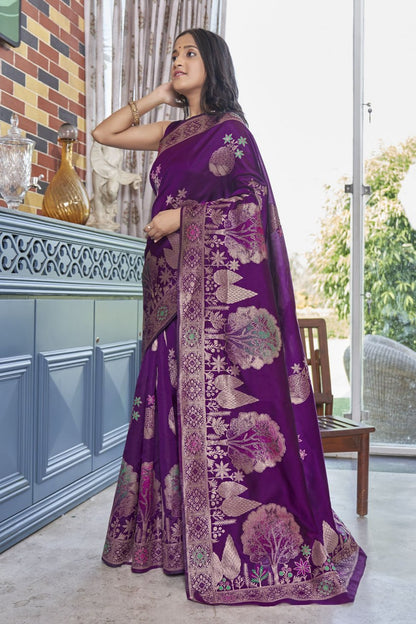 Bollywood Style Purple Cotton Silk Saree With Majestic Blouse Piece