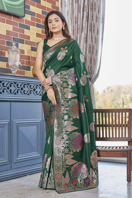 Surpassing Dark Green Soft Silk Saree With Dazzling Blouse Piece